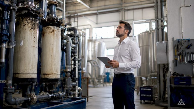Facilities manager inspecting mechanical pump in boiler room