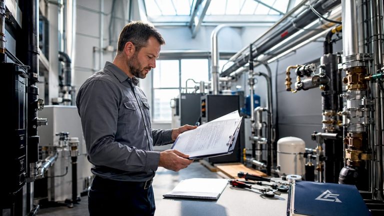 Engineer reviewing mechanical plant compliance documents