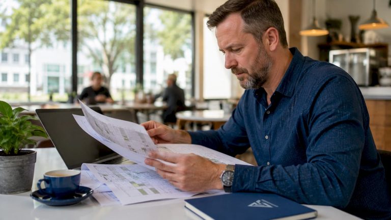 Facilities manager reviewing FM documents at desk