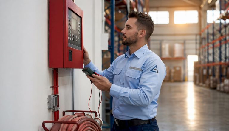 Technician inspecting fire alarm control panel indoors