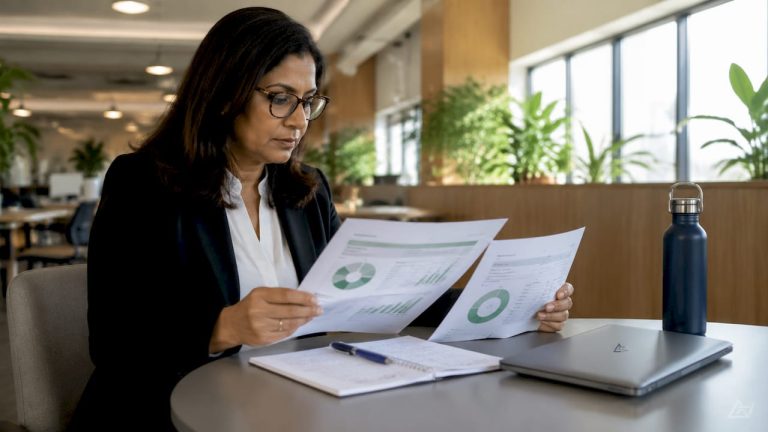 Woman reviewing carbon footprint documents at office desk