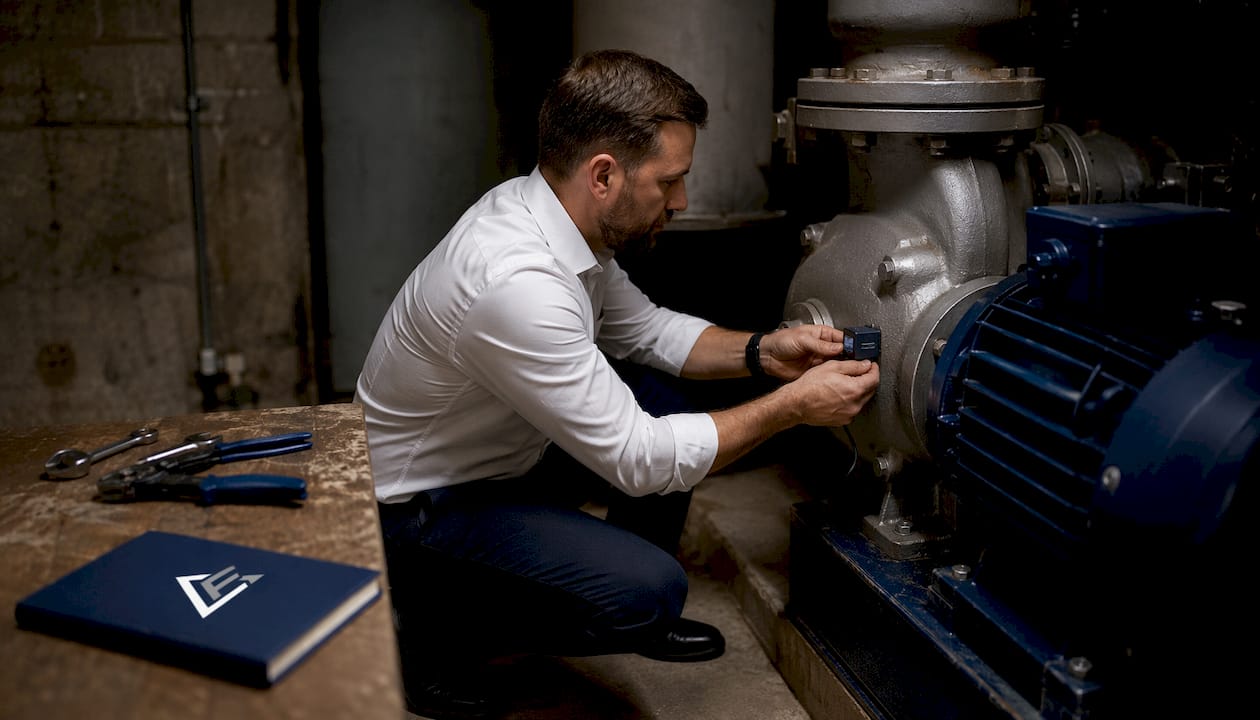 Hands installing vibration sensor on pump