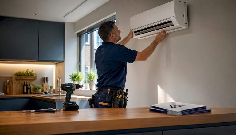 Technician installing air conditioning unit in London home