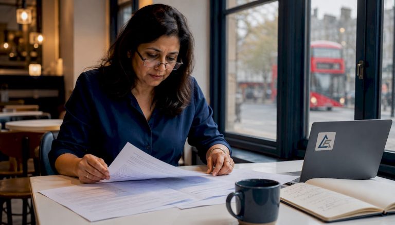 Woman reviewing facilities management compliance papers