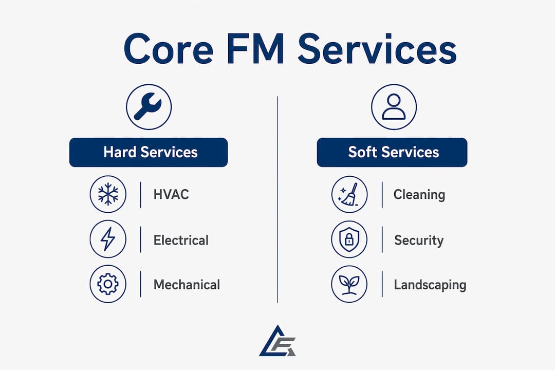 Infographic comparing hard and soft facilities management services