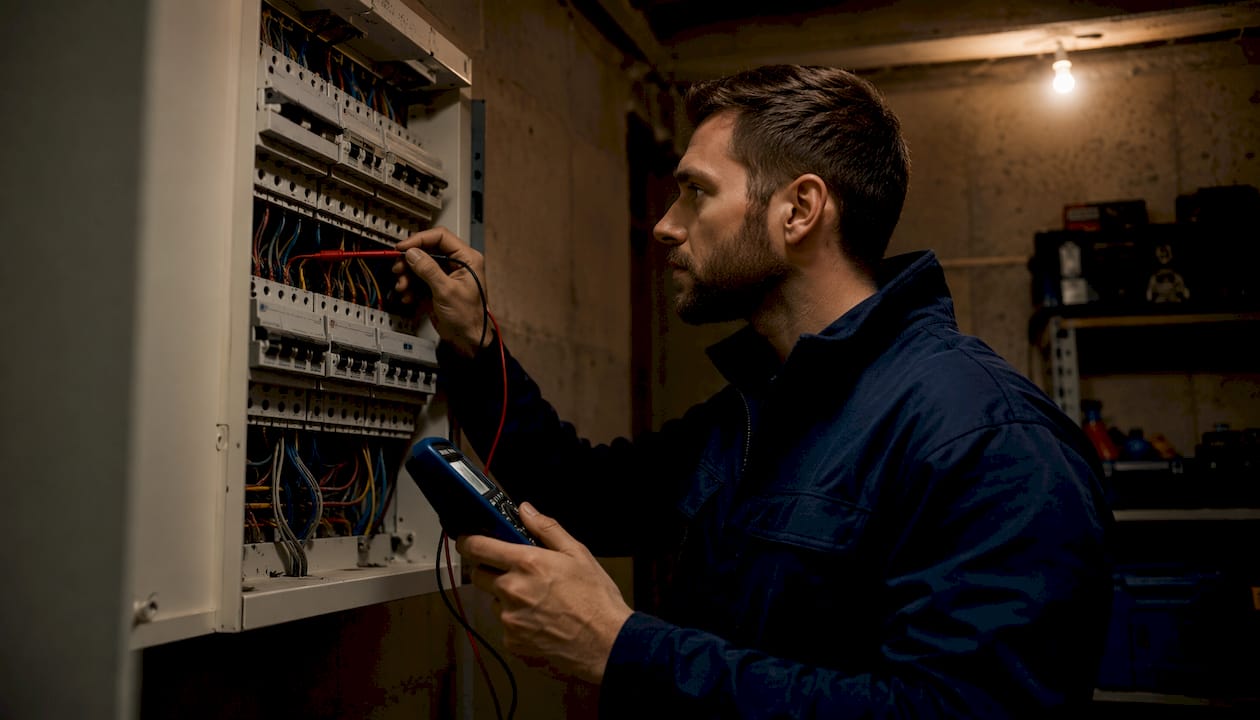Electrician inspecting electrical distribution board