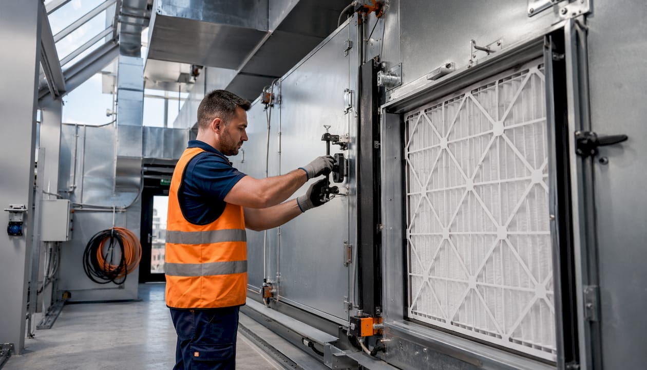 Air handling unit with filter replacement in plant room