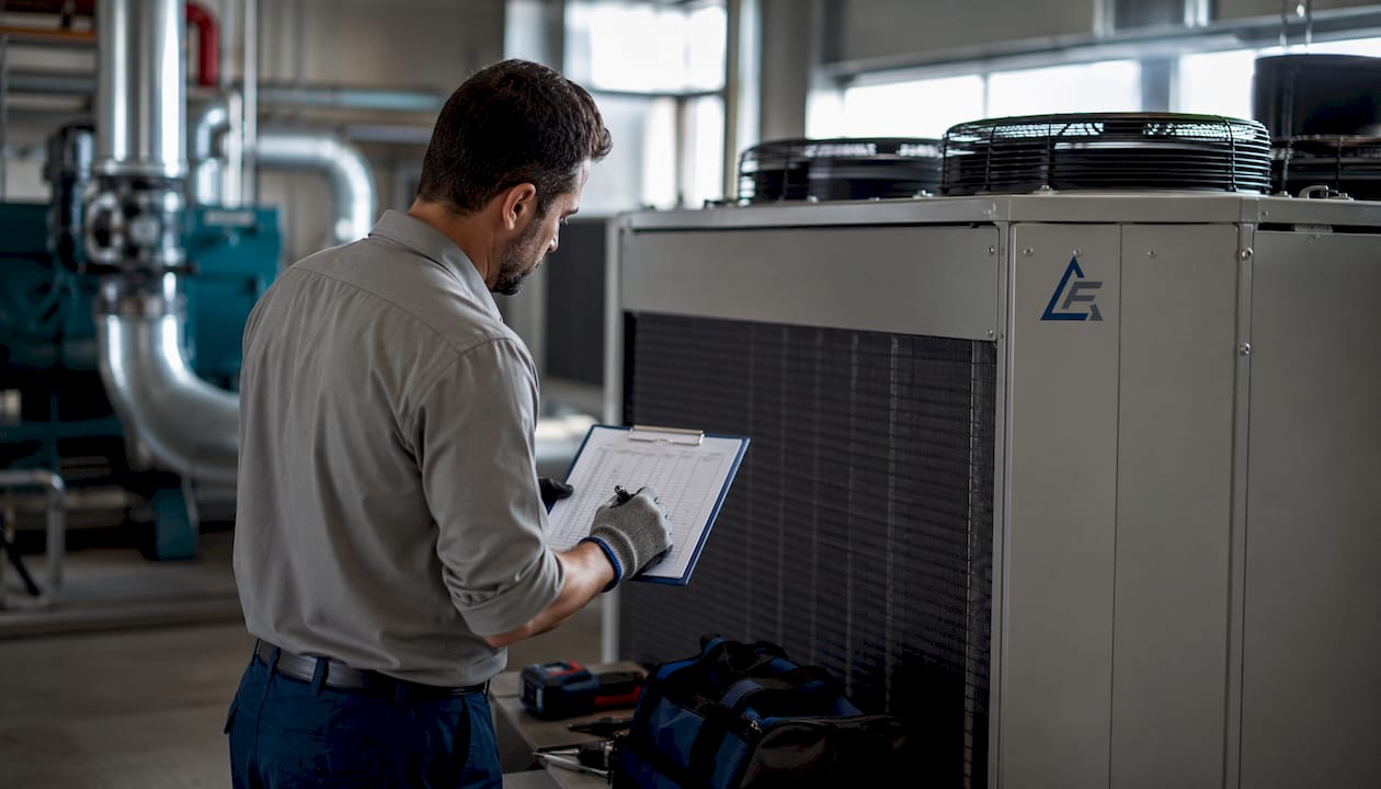 Technician noting details beside HVAC unit