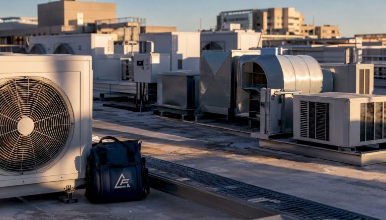 Overhead view of commercial rooftop AC units