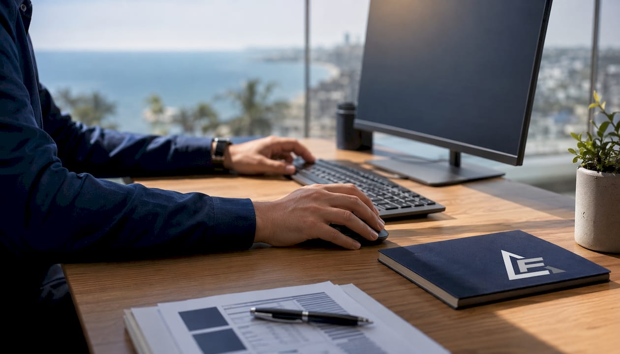 Hands operating computer in facility manager's office