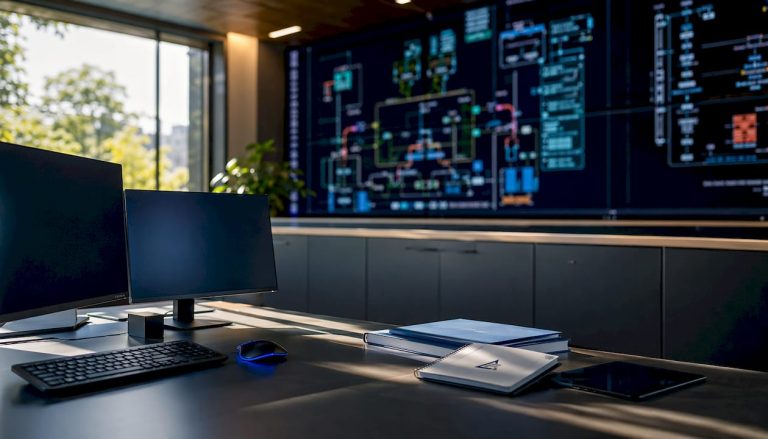 Empty control room with BEMS dashboard panels