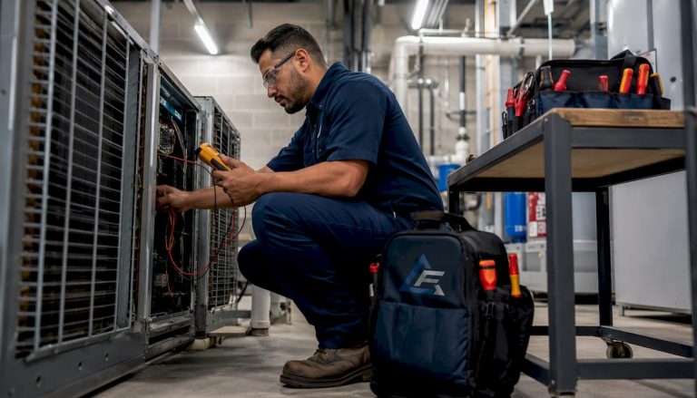 HVAC technician inspecting rooftop system