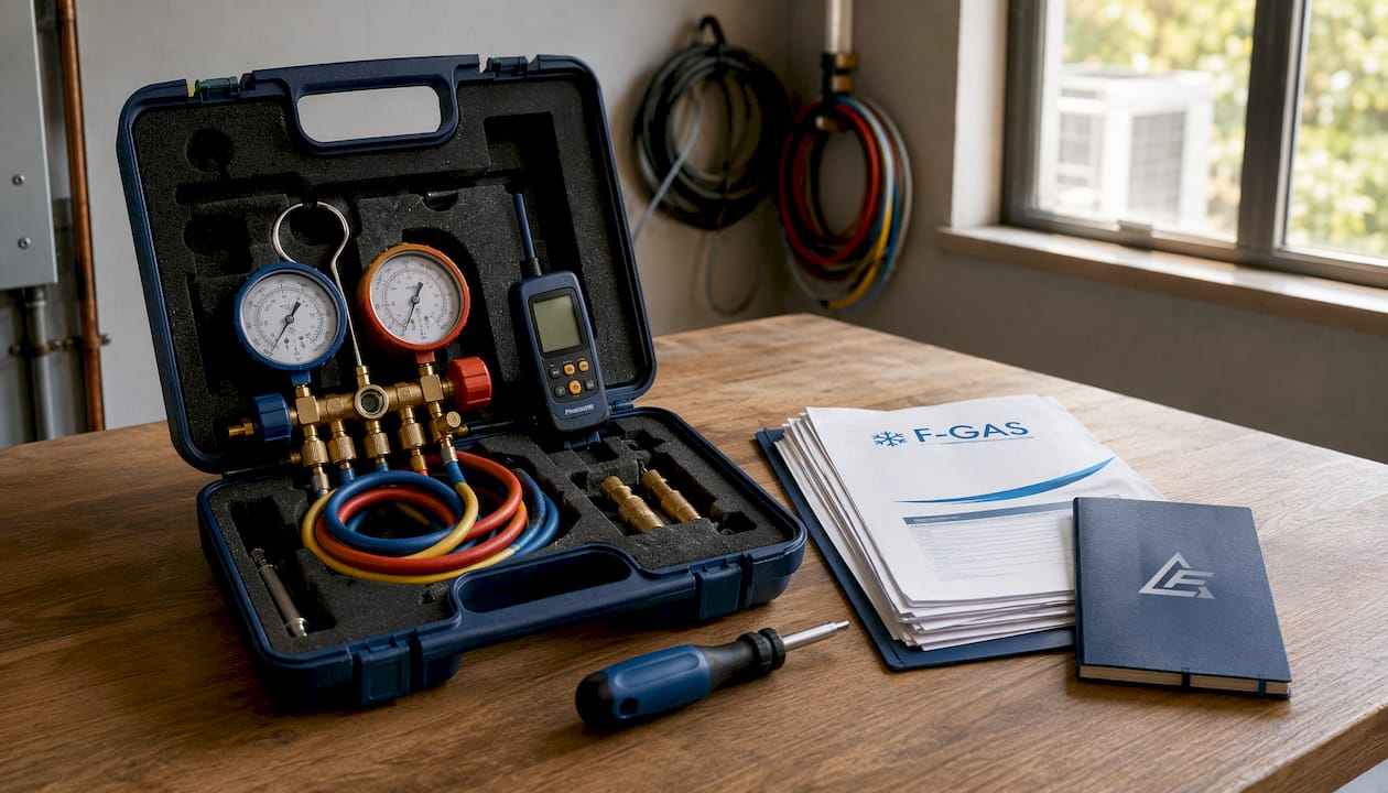 HVAC maintenance tools and certification documents on bench