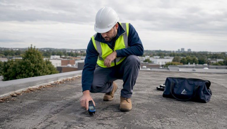 Professional inspecting commercial roof with moisture meter