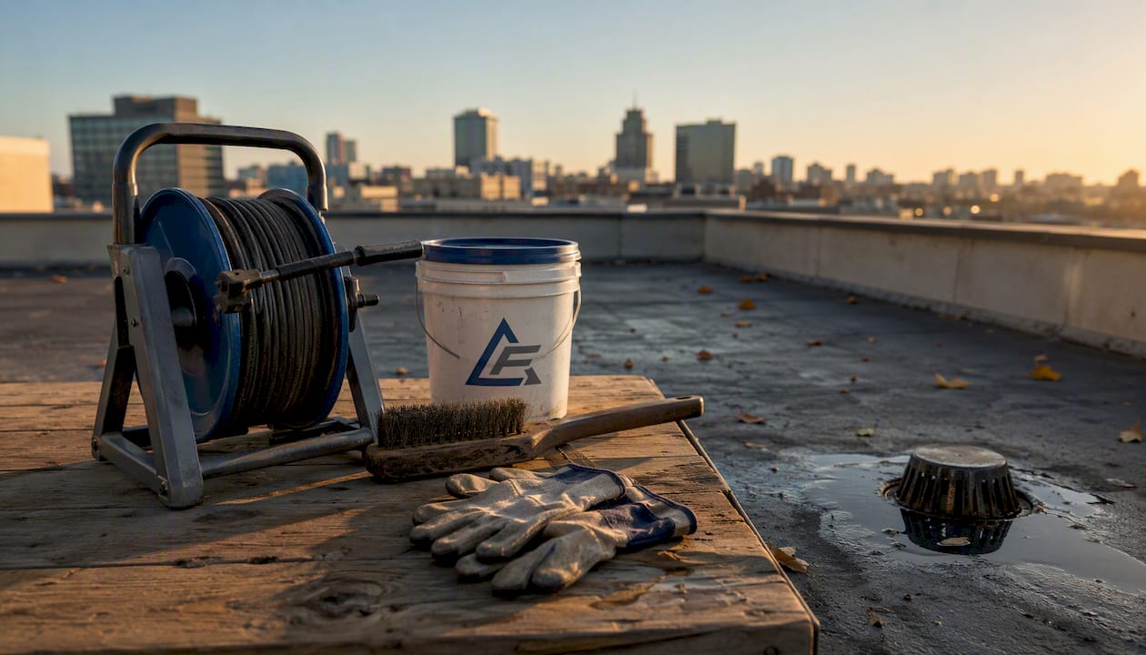 Roof drainage cleaning tools on commercial rooftop