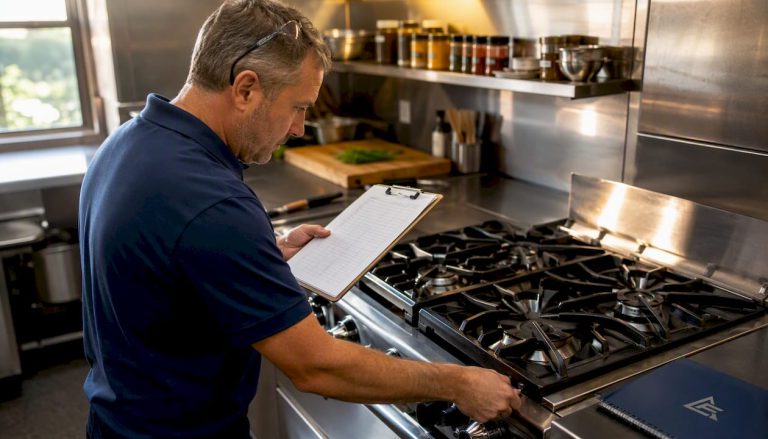 Facilities manager inspecting commercial gas boiler