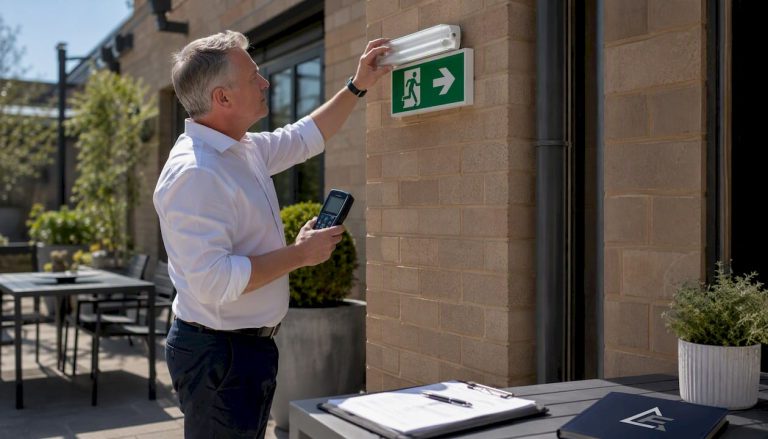 Facilities manager testing emergency lighting on ladder