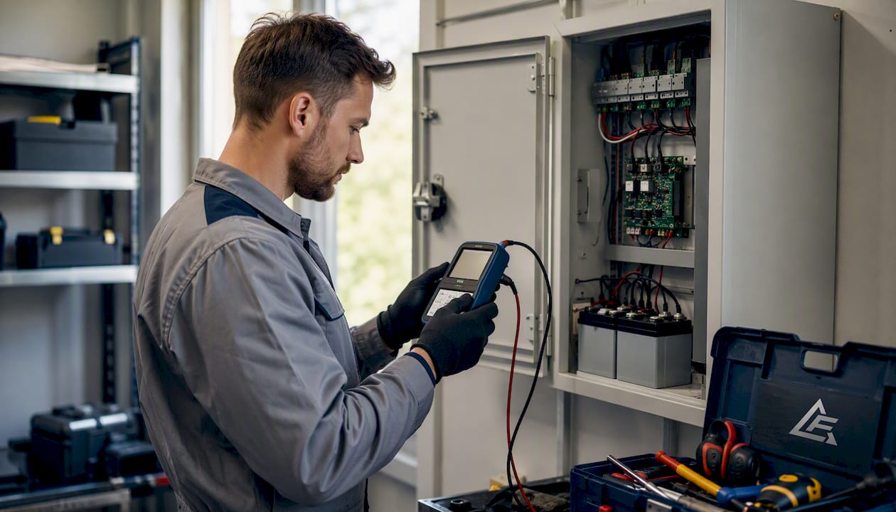 Contractor conducting full-duration test on emergency lighting panel