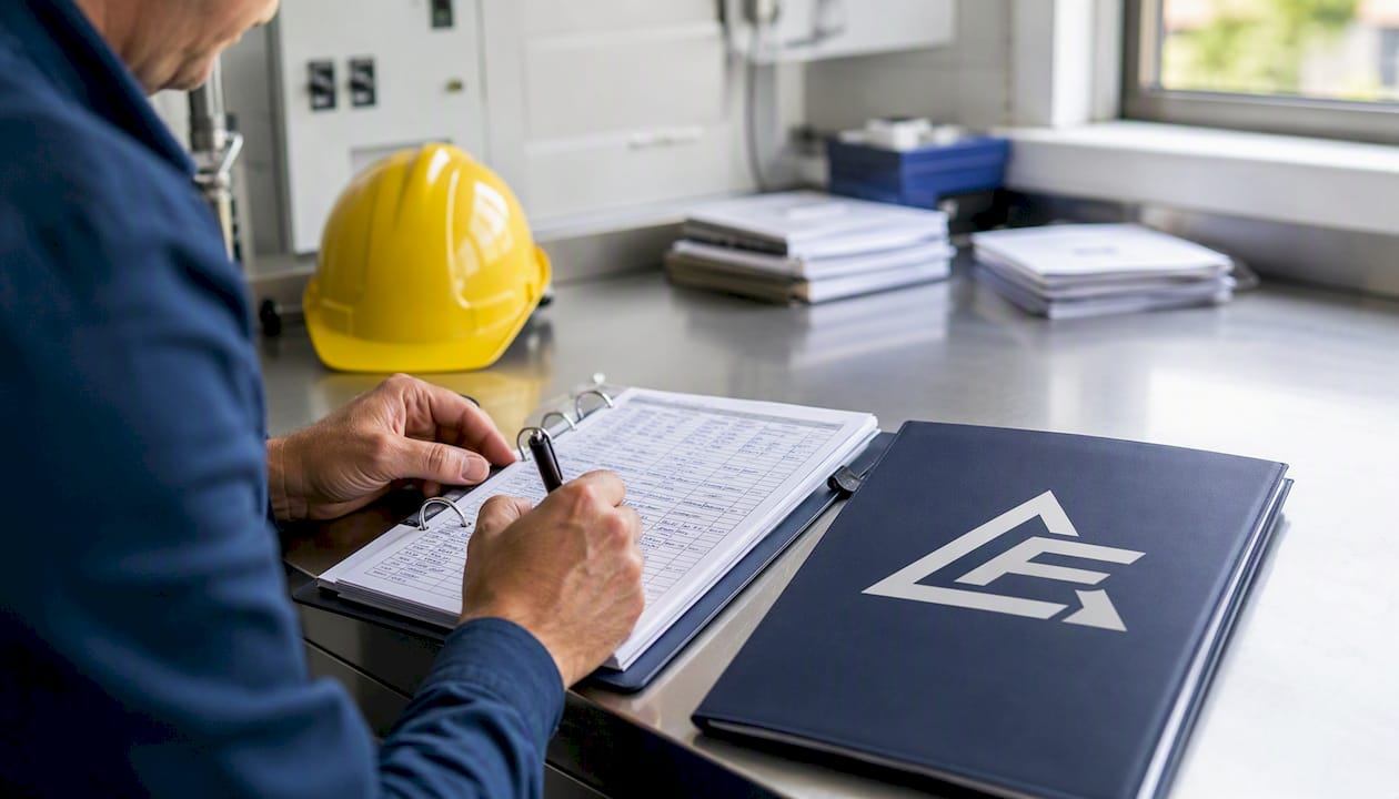 Hands recording emergency lighting test logbook data