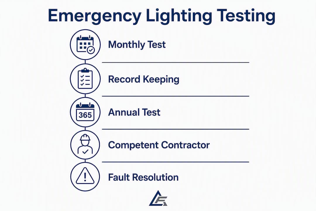 Infographic showing emergency lighting testing steps
