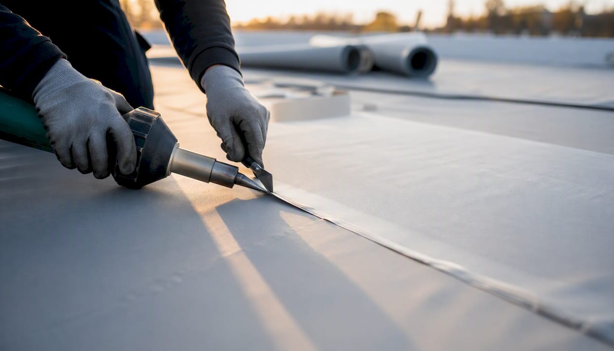 Hands welding TPO membrane seam on roof