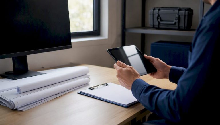 Facilities management workspace with tools and blank devices
