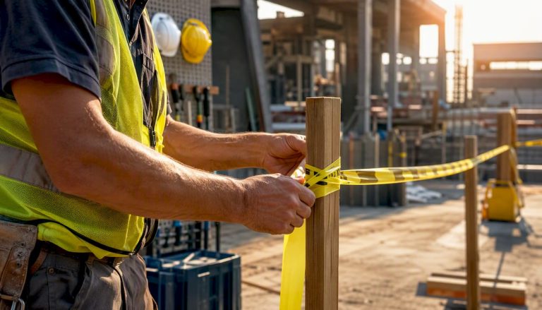 Worker securing safety barrier at construction site