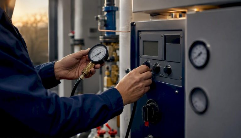 Hands of engineer inspecting gas boiler controls