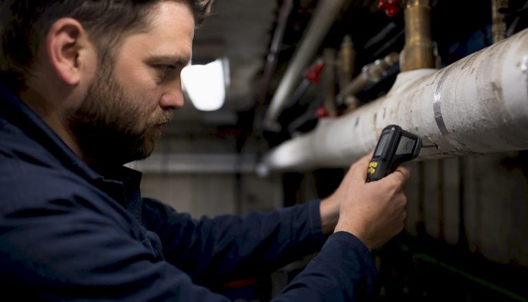 Engineer measuring water pipe temperature