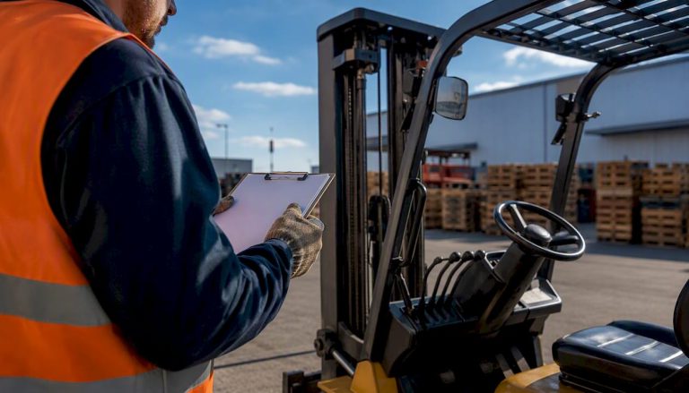 Worker inspecting forklift controls in warehouse