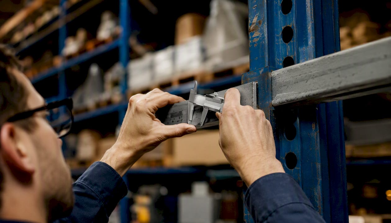 Hands inspecting warehouse racking beam closely