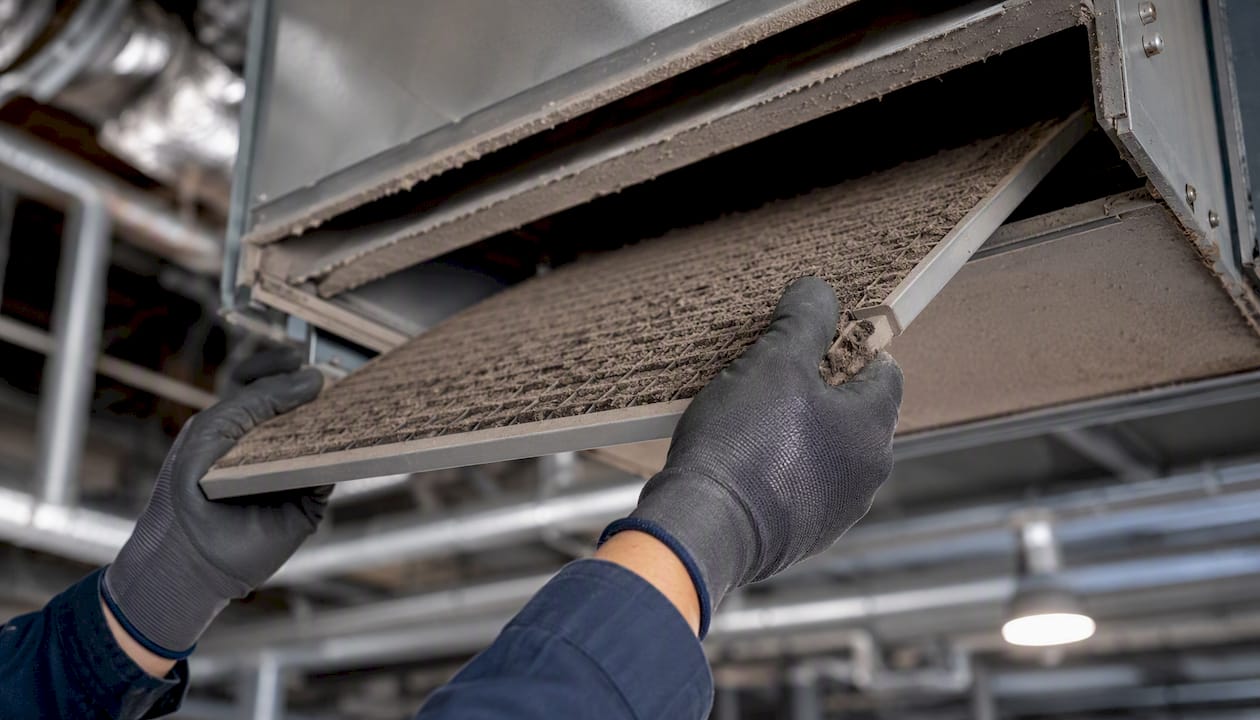 Hands removing dusty HVAC filter in warehouse