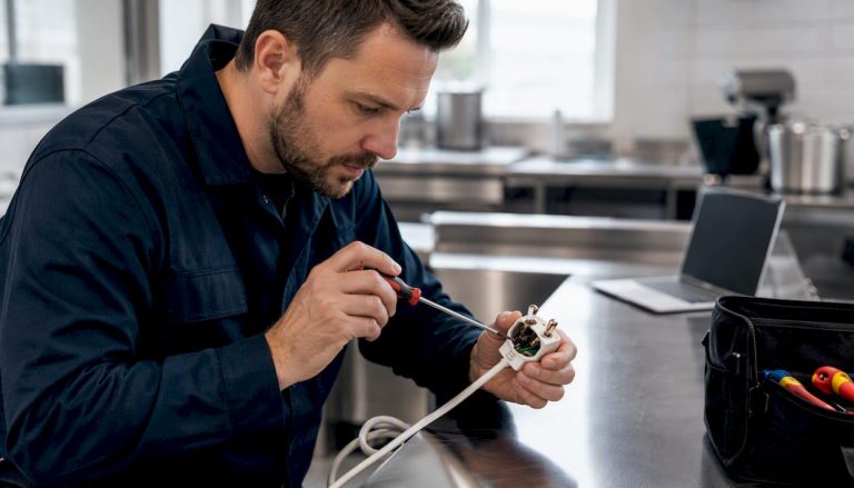 Electrician inspecting plug wiring during PAT testing
