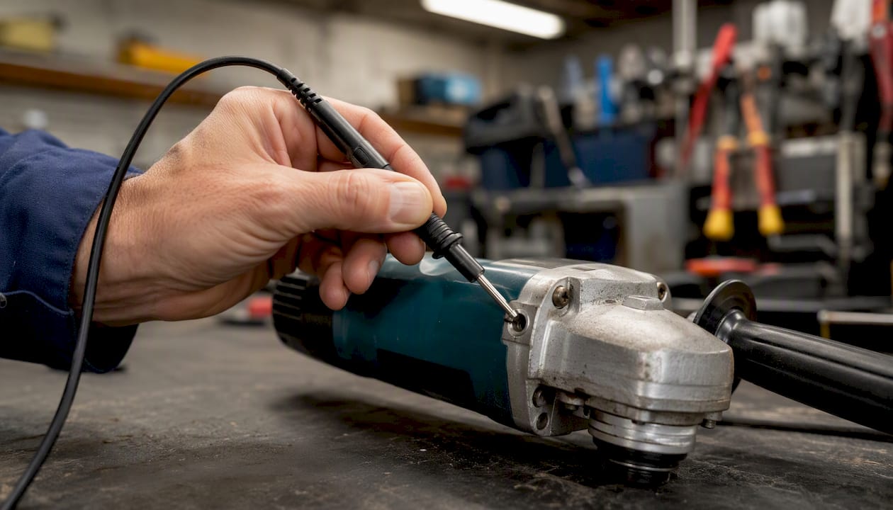 PAT tester probe on power tool casing