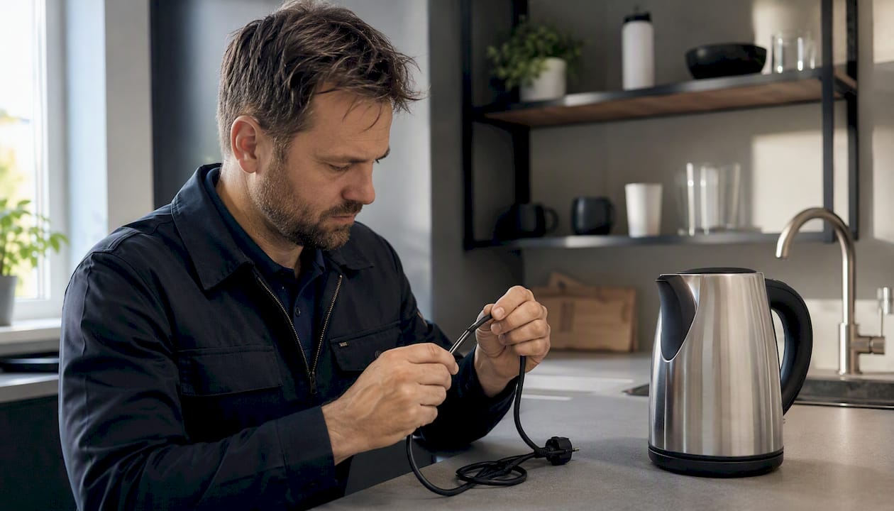 User checking kettle power cord condition