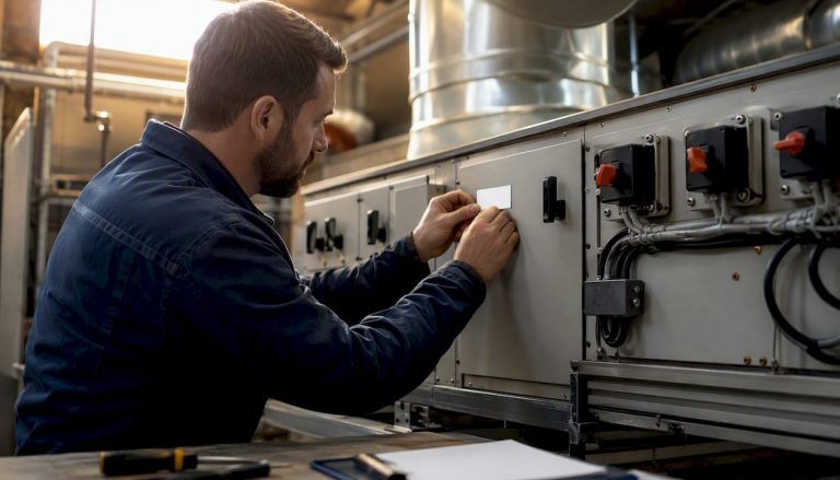 Hands applying asset label in plant room