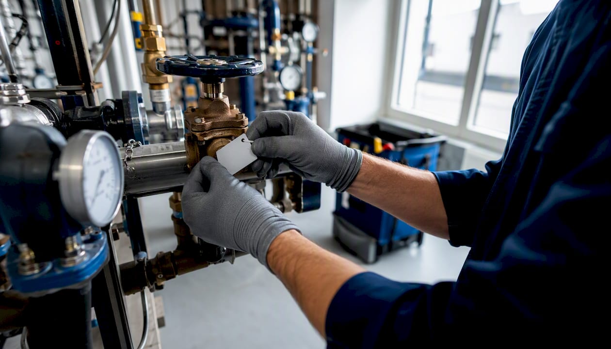 Hands labeling valve during asset inventory
