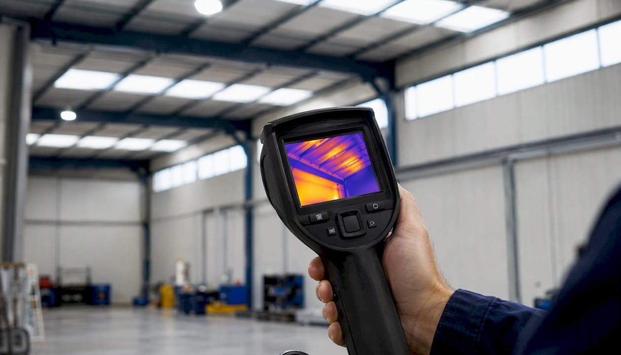 Thermal imaging device scanning building fabric