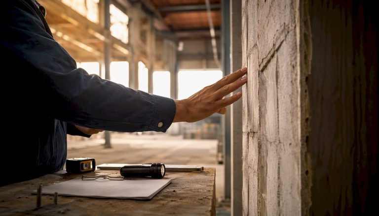 Hands inspecting building fabric component
