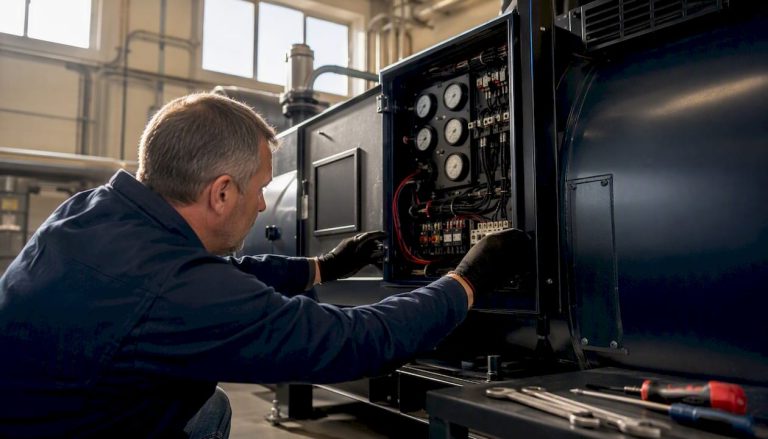 Hands opening generator control panel in mechanical room