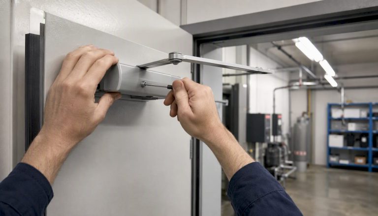 Hands adjusting commercial fire door closer