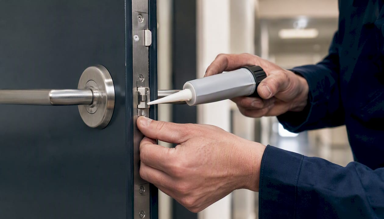 Hands fixing fire door seal temporarily