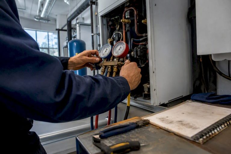 Technician hands inspecting HVAC unit controls