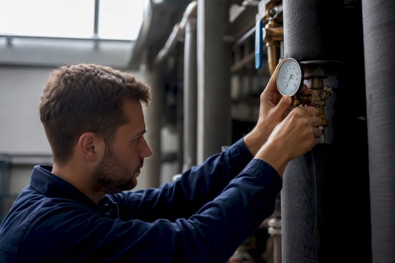 Engineer hands checking air conditioning pressure gauge