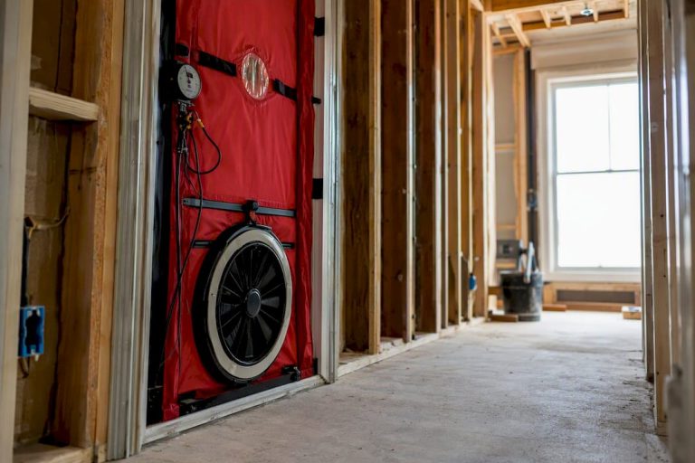 blower door fan installed in doorway for air leakage test