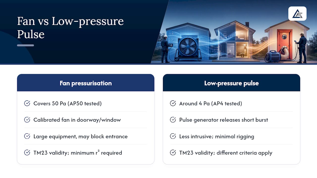 diagram comparing fan pressurisation and low-pressure pulse methods