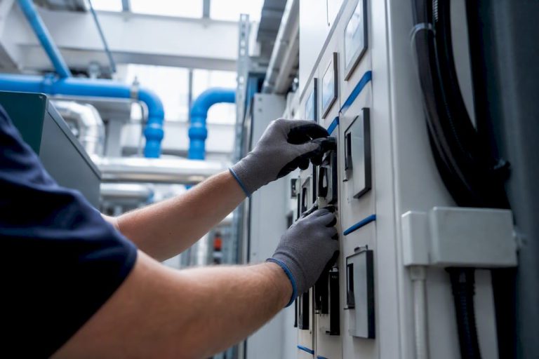 Technician hands adjusting power factor correction panel
