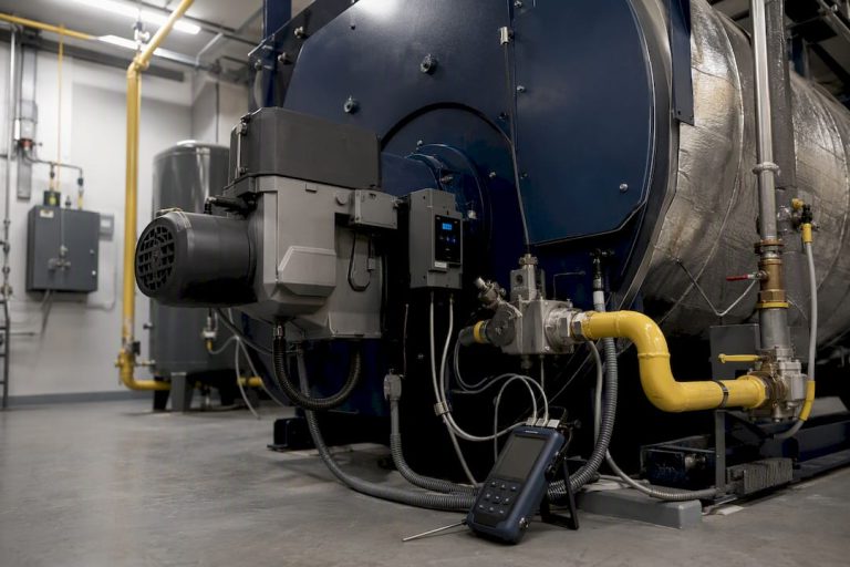 Commercial boiler burner with testing equipment