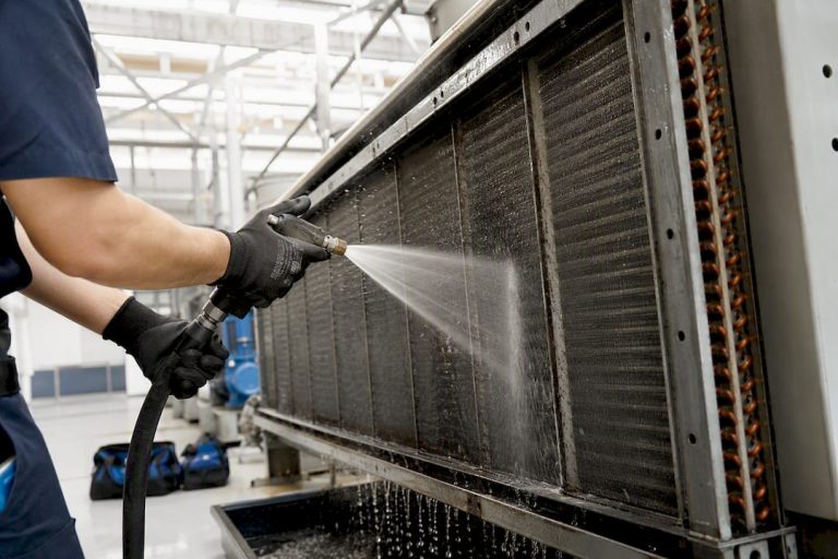 Hands cleaning chiller condenser coils