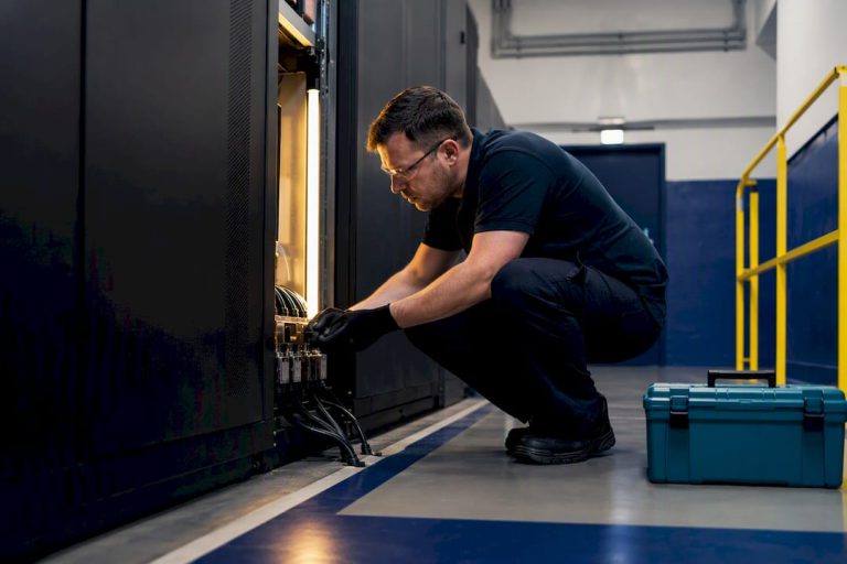 Engineer inspecting UPS equipment in plant room